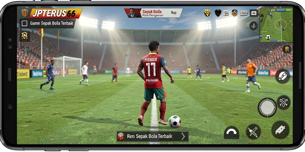 Screenshot gameplay JPTERUS66 menampilkan aksi seru sepak bola.