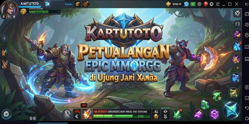 Screenshot gameplay KARTUTOTO menunjukkan pertempuran epik dan eksplorasi dunia.