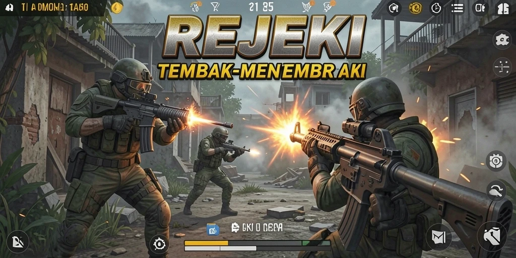 Screenshot utama REJEKI menampilkan aksi tembak-menembak yang mendebarkan.